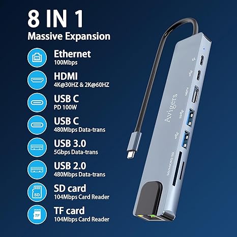 USB-C HUB, 8 in 1 USB C Adapter with 4K HDMI, 100W PD, USB C Port, USB 3.0