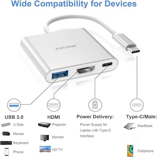 3-in-1 Type C to HDMI Adapter, Multiport USB C to HDMI Adaptor