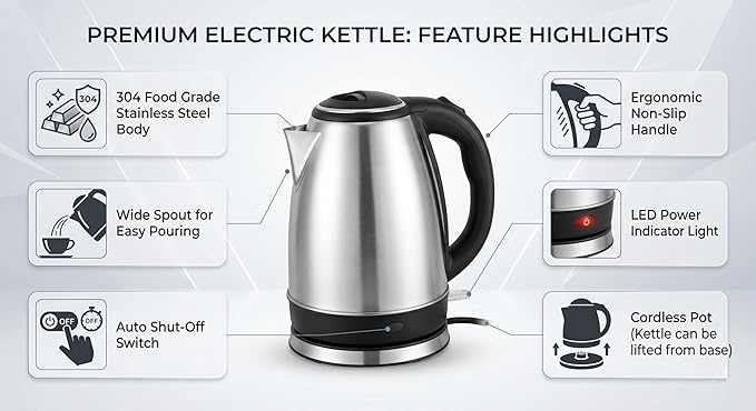 Electric Kettle 2L | 1500 Watts | Stainless Steel Hot Water portable Electric Kettle for Home
