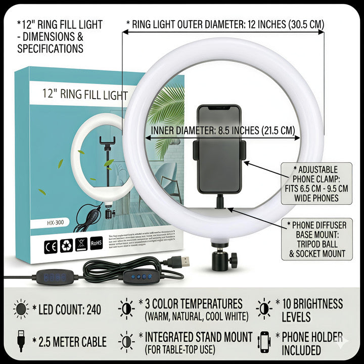 12" Ring Liff Light |USB With Phone Holder.