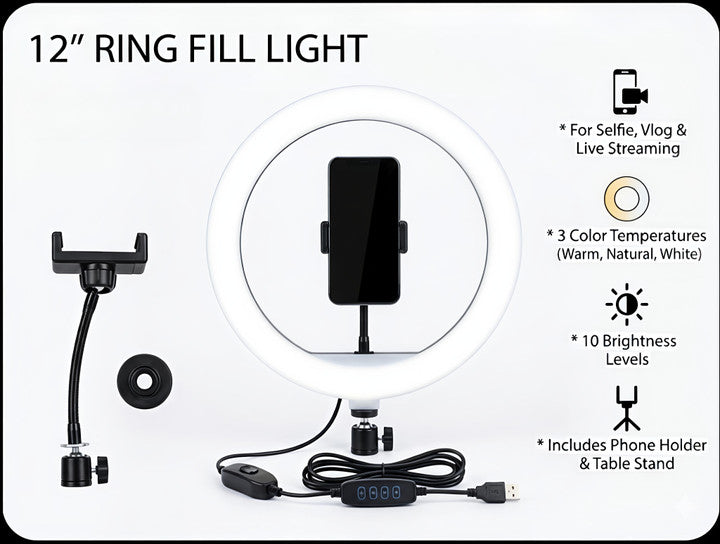 12" Ring Liff Light |USB With Phone Holder.
