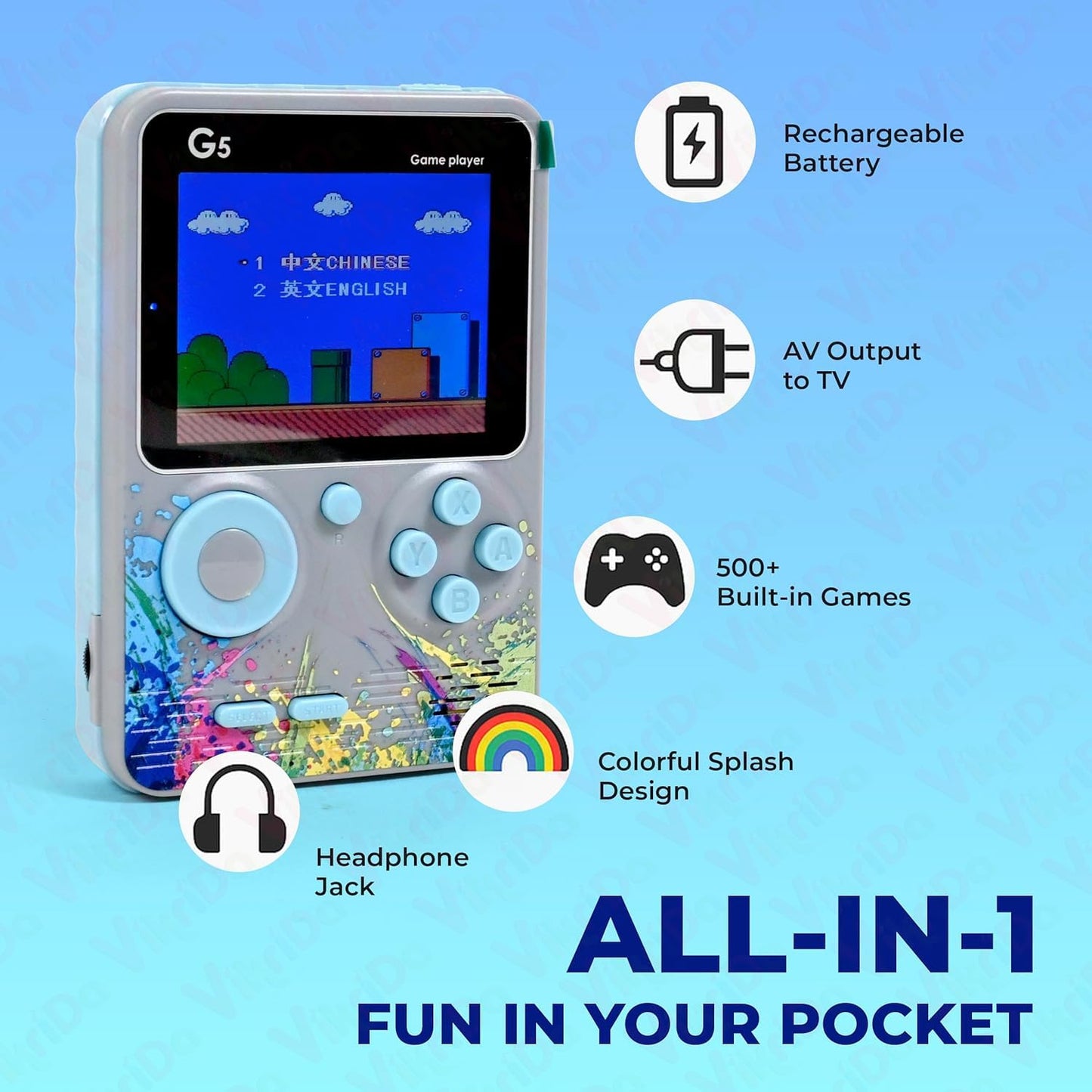 G5 500-in-1 Retro Handheld Game Console – 2 Player Classic TV-Compatible Game Box with Controller