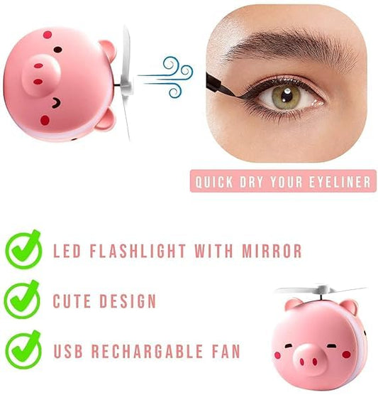 Piggy Mini Cosmetic Fan Mirror Light Handheld Portable Makeup Hand Mirror General Purpose