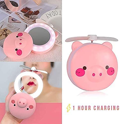 Piggy Mini Cosmetic Fan Mirror Light Handheld Portable Makeup Hand Mirror General Purpose