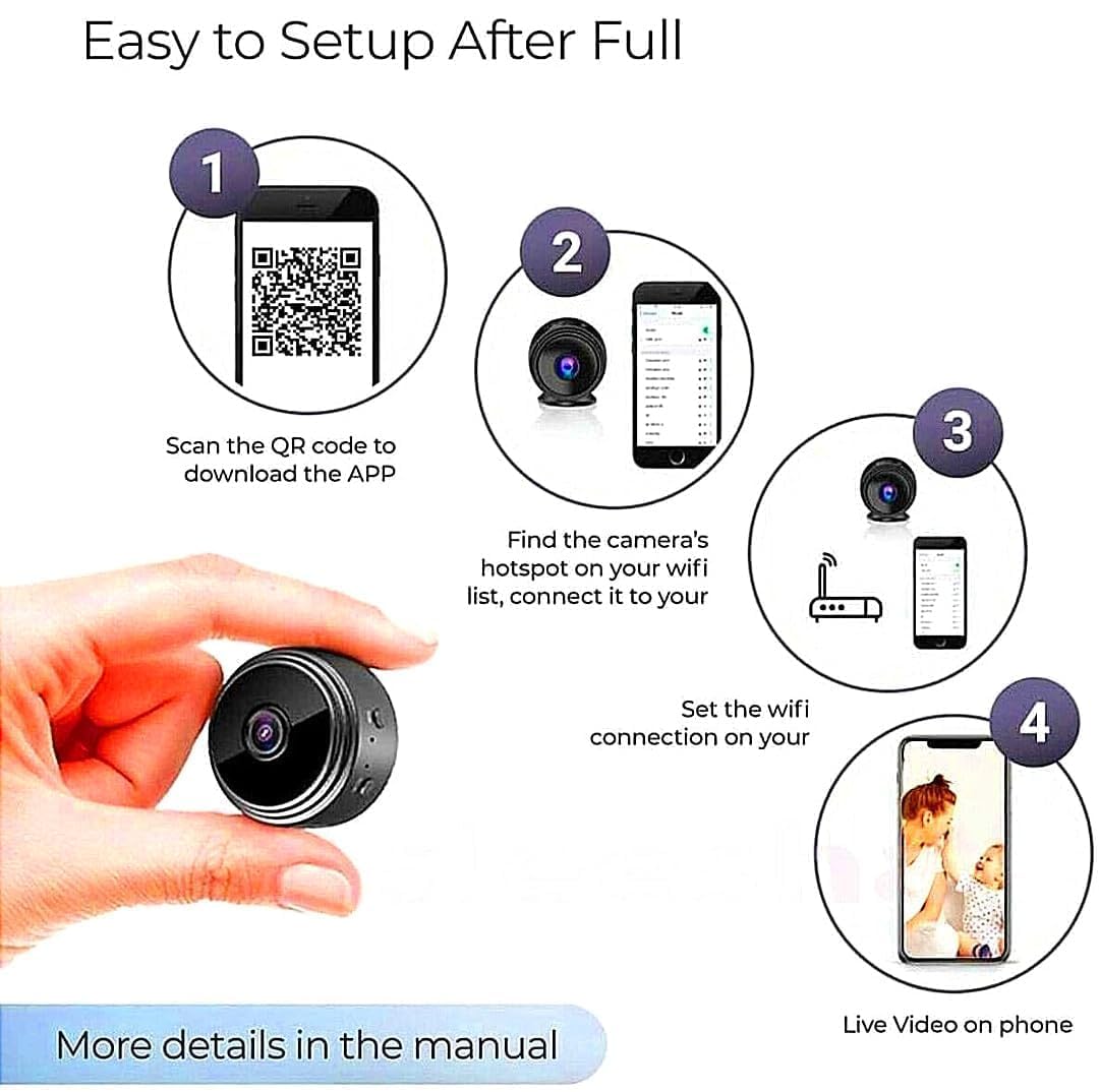 Mini WiFi Camera, WiFi, HD Night Vision, Remote Monitoring, Compact Security Cam, Black