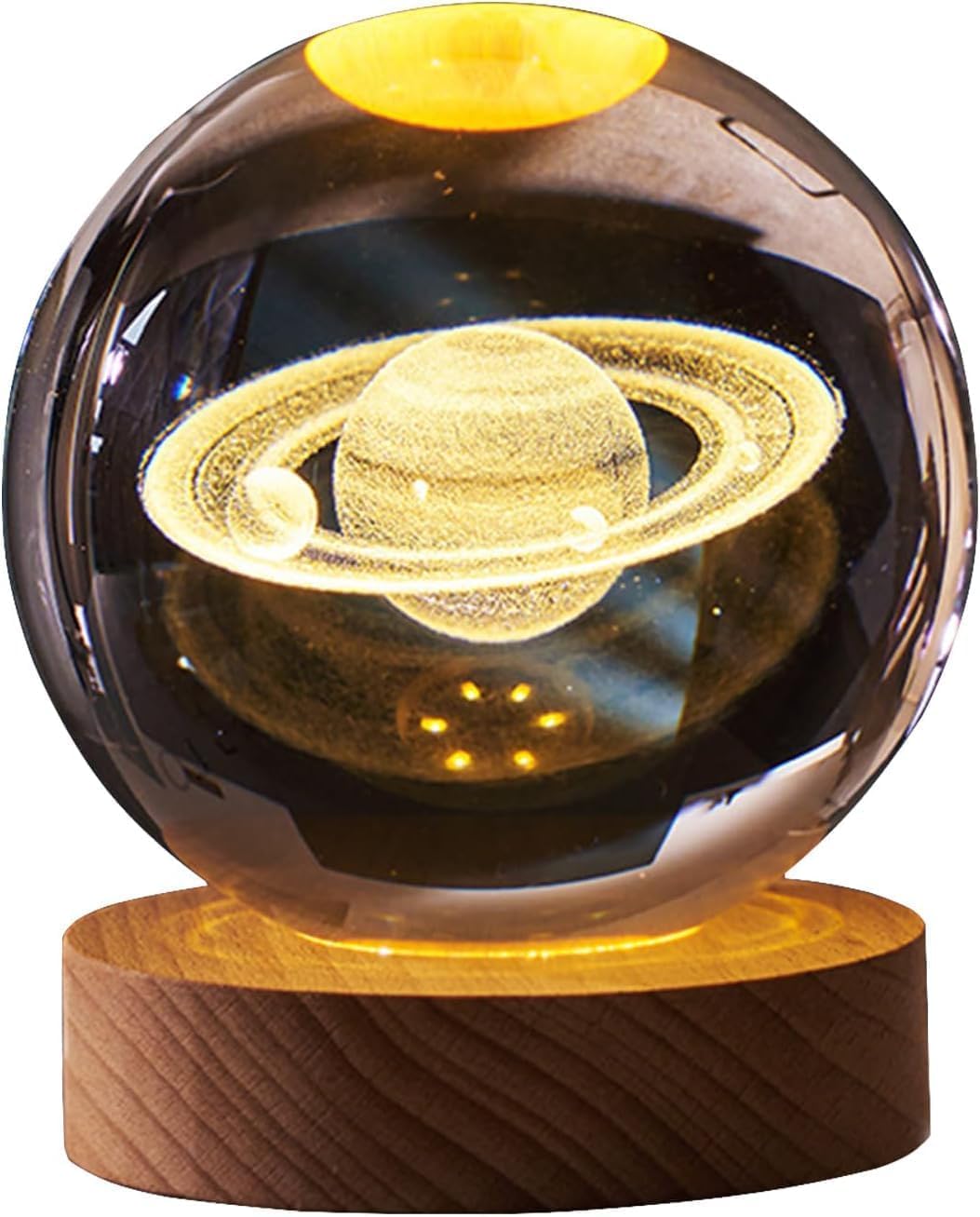 3D Saturn Crystal Ball Night Lamp, , Corded Electric Table Colorful LED 2.4 Inch Wooden Base Lamp