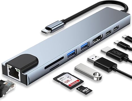 USB-C HUB, 8 in 1 USB C Adapter with 4K HDMI, 100W PD, USB C Port, USB 3.0