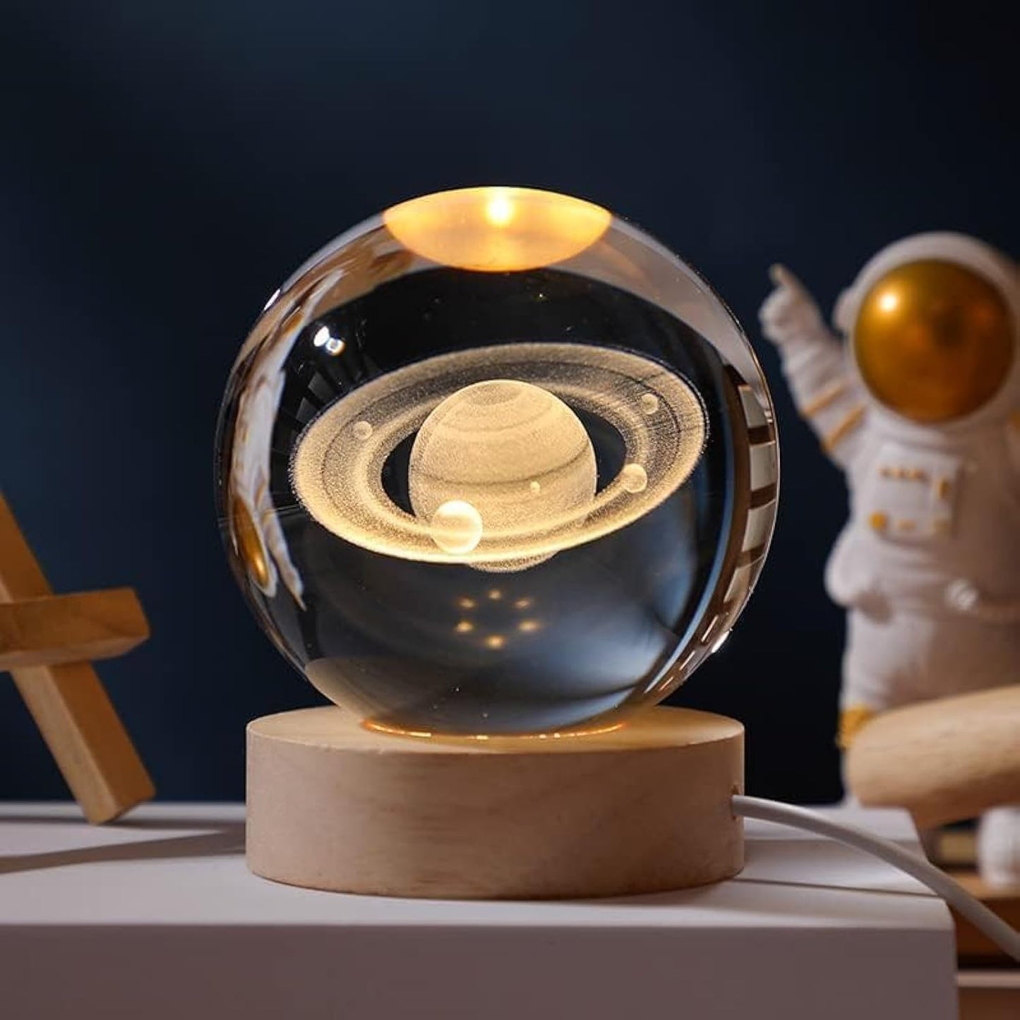 3D Saturn Crystal Ball Night Lamp, , Corded Electric Table Colorful LED 2.4 Inch Wooden Base Lamp