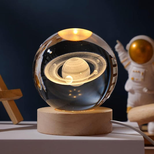 3D Saturn Crystal Ball Night Lamp, , Corded Electric Table Colorful LED 2.4 Inch Wooden Base Lamp