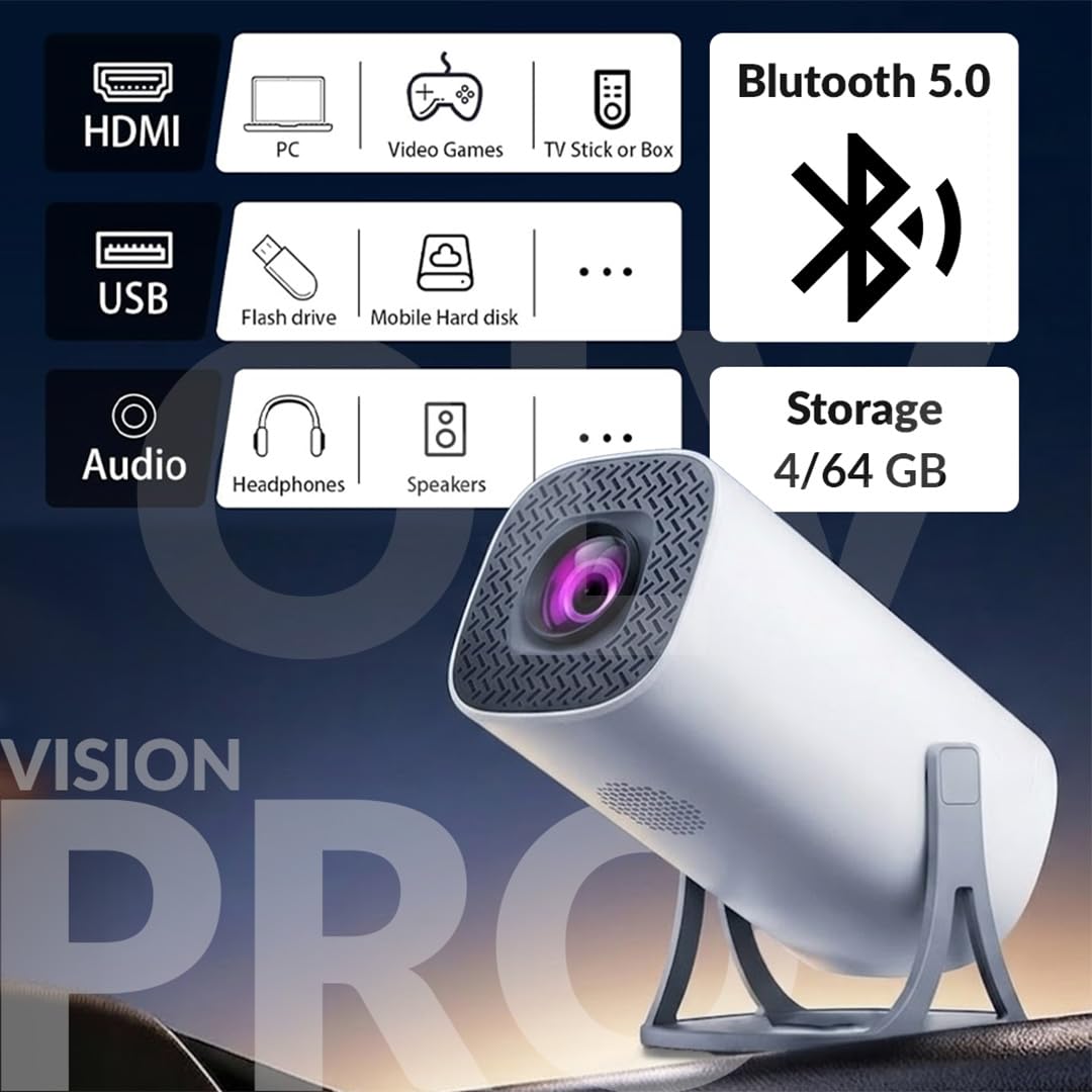 Portable Smart Mini Projector, 4K 1080P Full HD Supports Netflix, Prime and YouTube Etc.