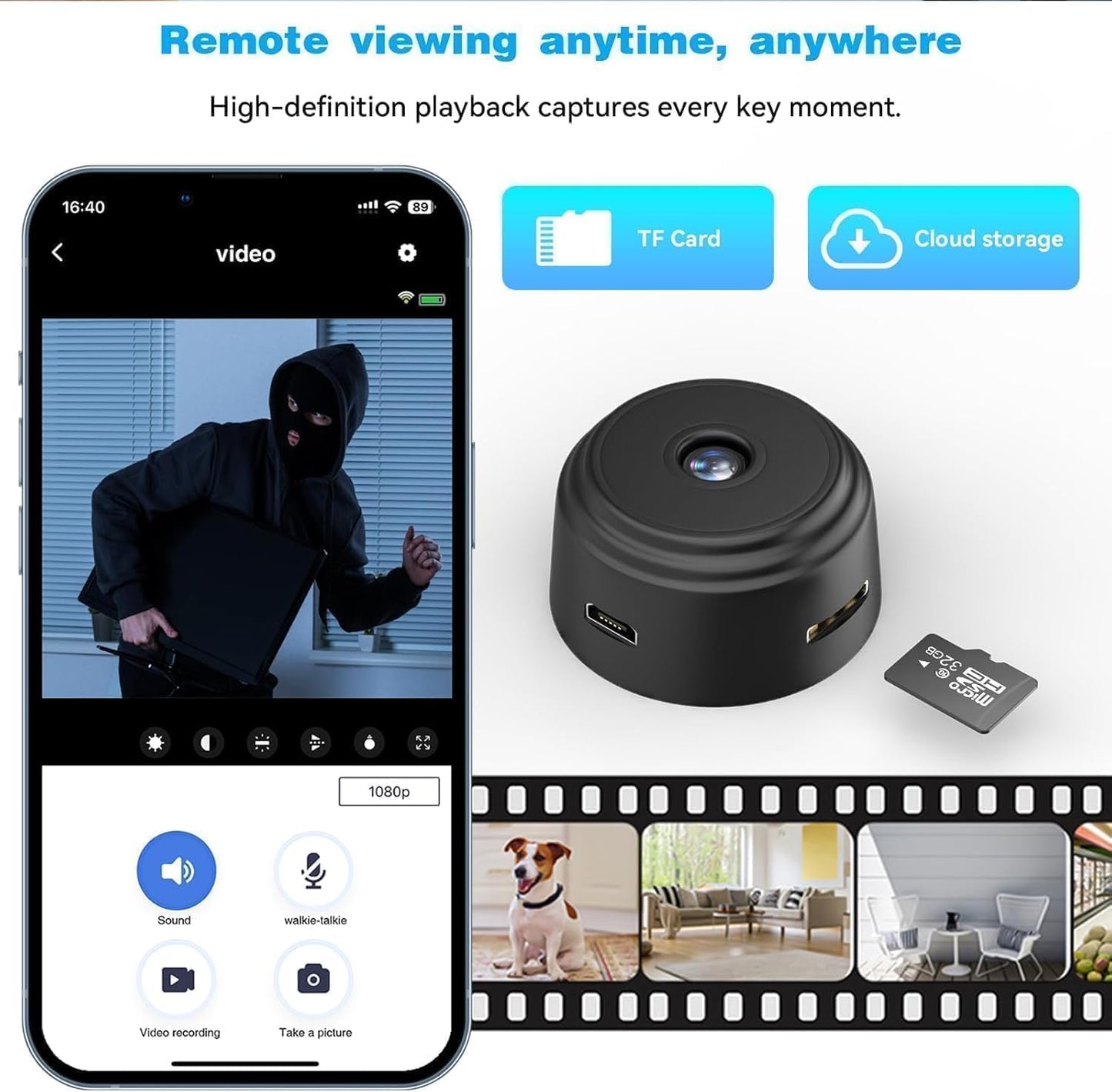 Mini WiFi Camera, WiFi, HD Night Vision, Remote Monitoring, Compact Security Cam, Black