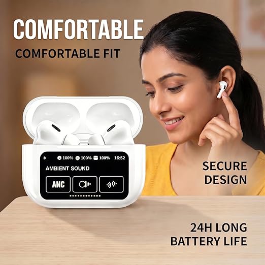 A9 Pro Bluetooth Air Pods Wireless with Touchscreen Case, Active ANC ENC for Calls