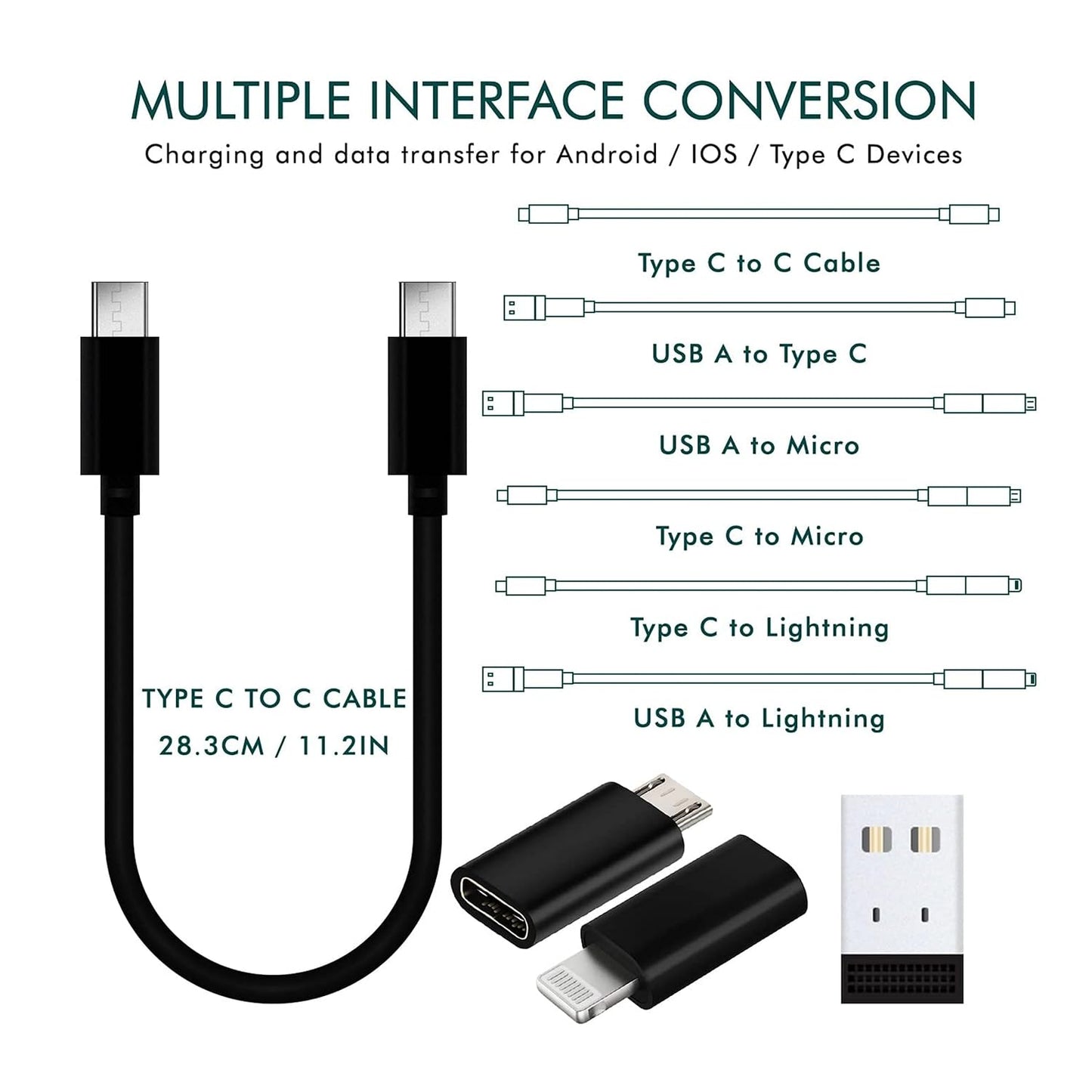 All in One 60W USB Fast Charging Travel Data Cable Set Type C, Lightening