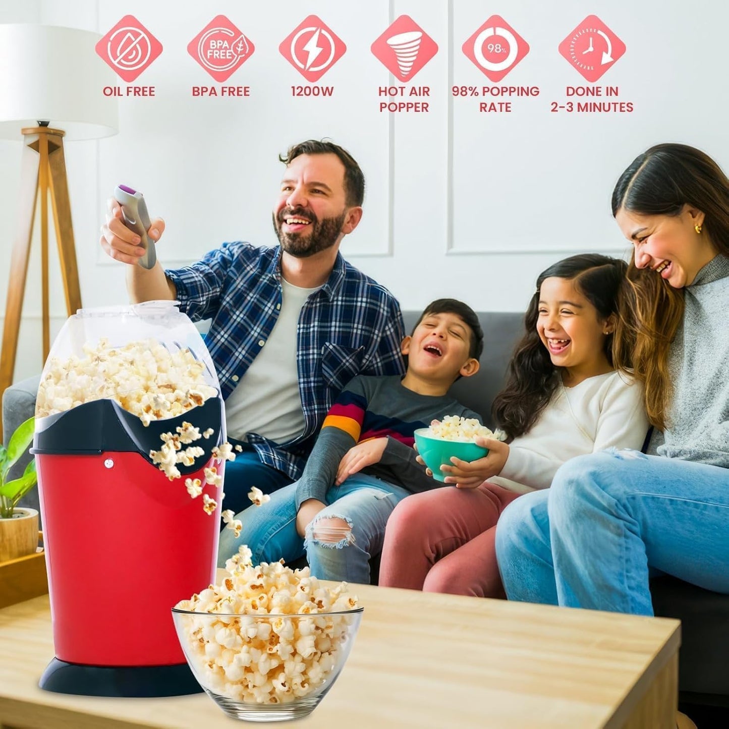 Electric Popcorn Maker Hot Air Popper Machine 1200W | Oil-Free, Healthy Snack Maker