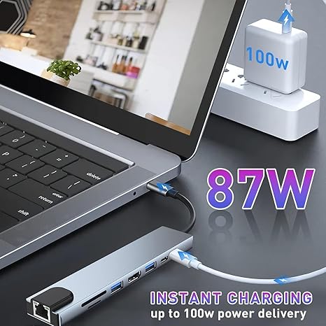 USB-C HUB, 8 in 1 USB C Adapter with 4K HDMI, 100W PD, USB C Port, USB 3.0