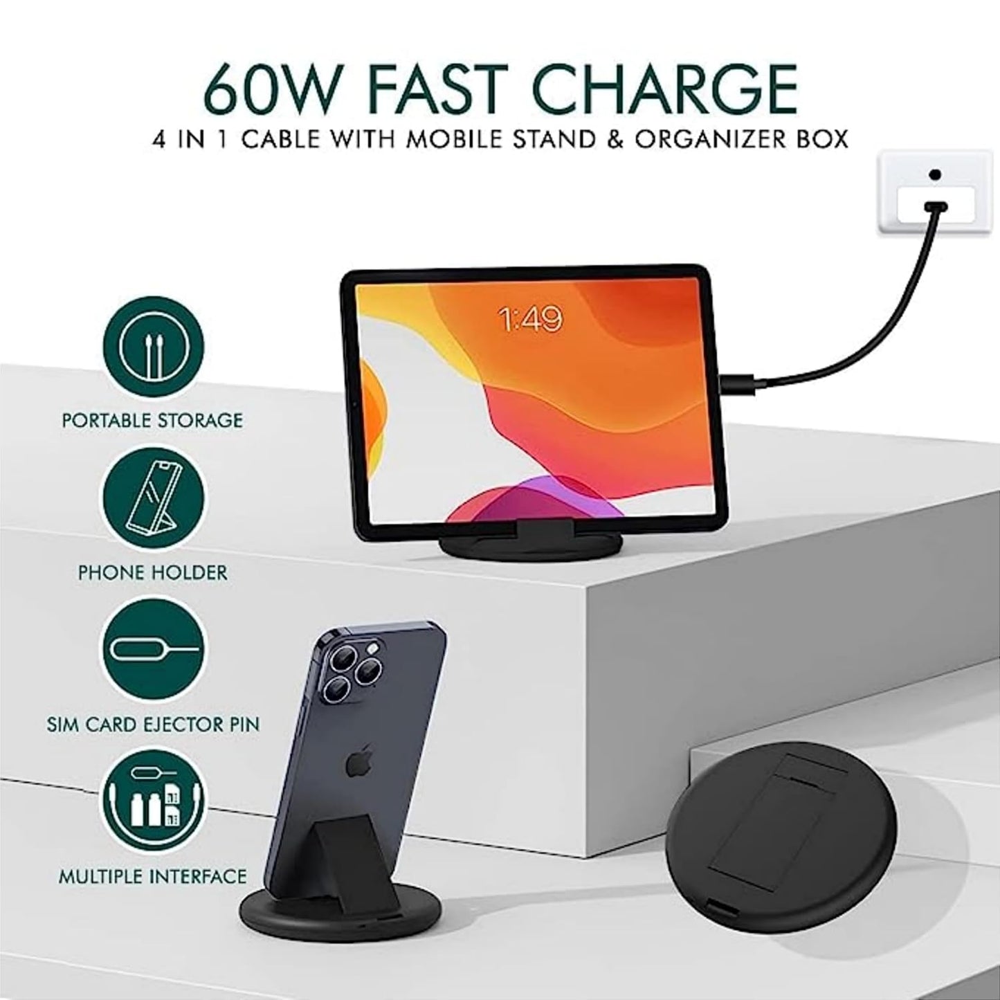 All in One 60W USB Fast Charging Travel Data Cable Set Type C, Lightening