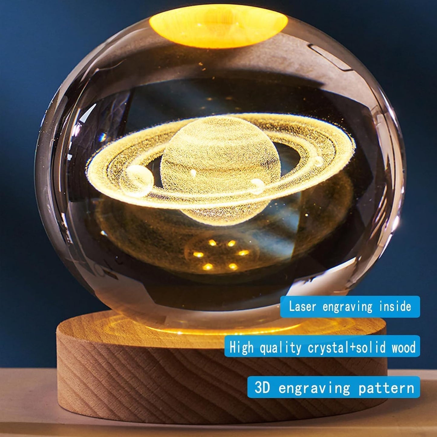3D Saturn Crystal Ball Night Lamp, , Corded Electric Table Colorful LED 2.4 Inch Wooden Base Lamp