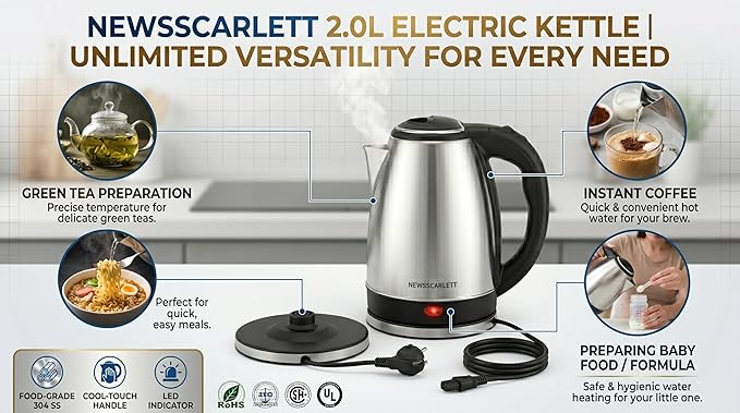 Electric Kettle 2L | 1500 Watts | Stainless Steel Hot Water portable Electric Kettle for Home