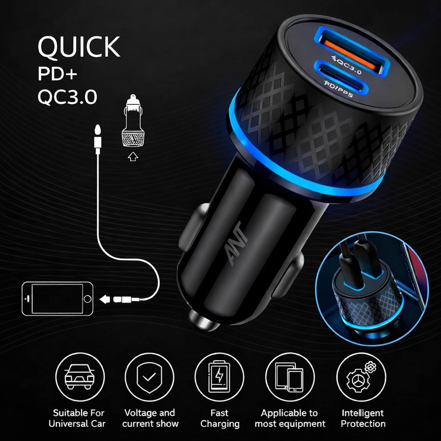 Car Fast Charging Adapter 20 38W Dual Port USB-C Car Charger