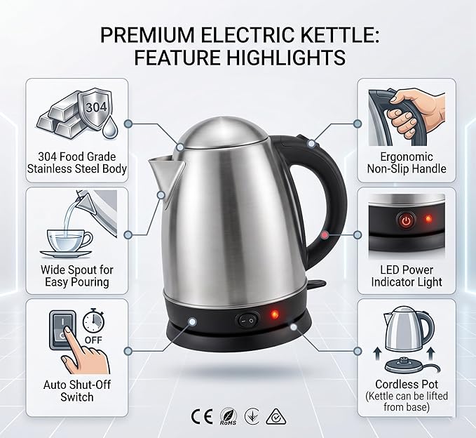 Electric Kettle 2L | 1500 Watts | Stainless Steel Hot Water portable Electric Kettle for Home